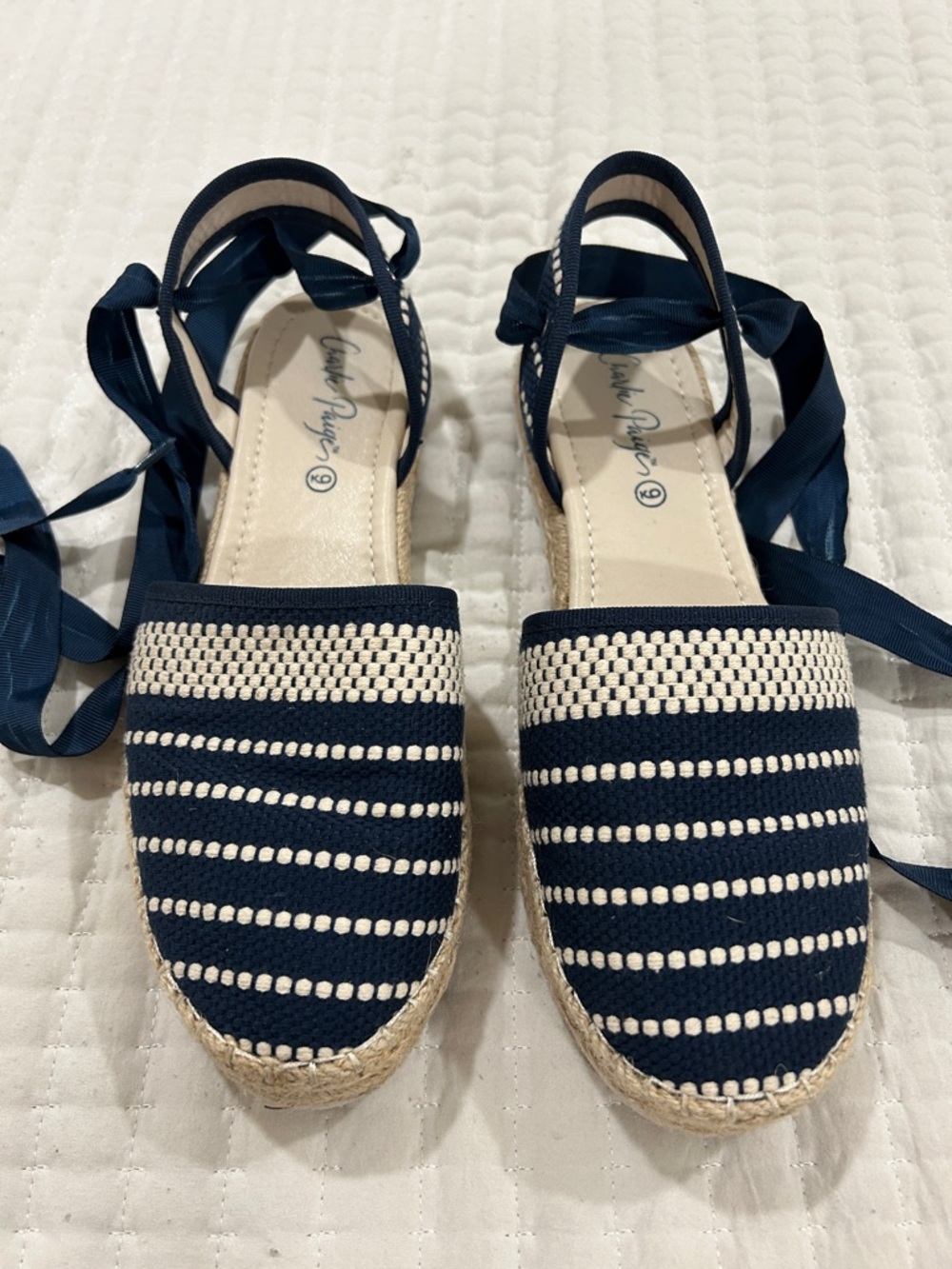 Charlie Paige Navy and Cream Striped Espadrille Wedges with Ankle Ties